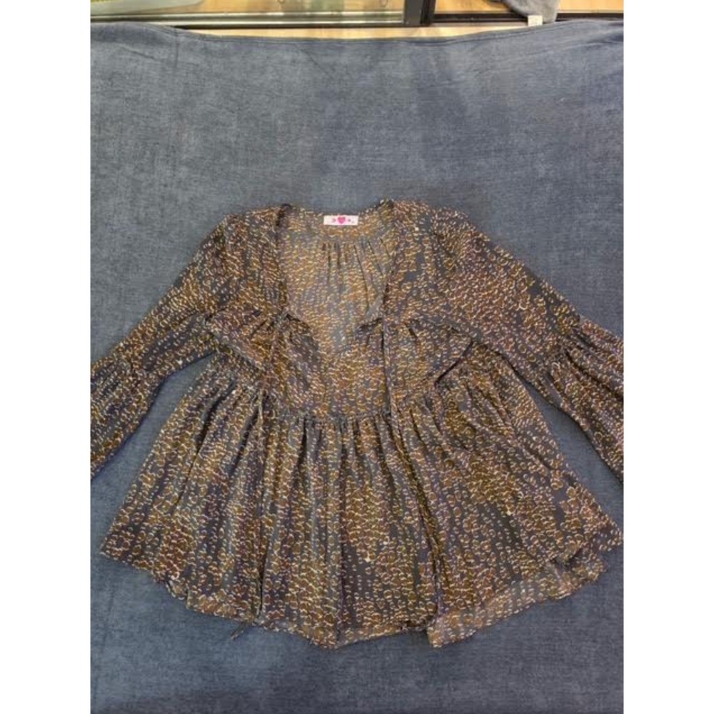 BuddyLove Jasper Blouse Brown Grey Animal Print Tie Neck Babydoll Top Medium